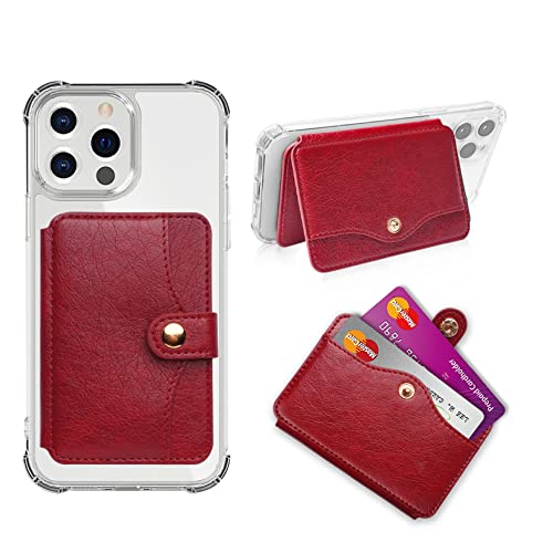 Credit Card Holder,Phone Wallet Stick on with Snap Closure Adhesive - color: Red