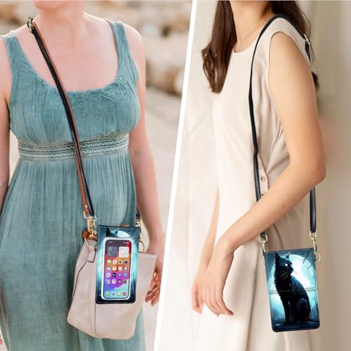 for Women Cell Phone Purse,with Touchscreen Cell Phone Purse,PU Leather Shoulder Bag Waterproof Phone Wallet Case with Clear Touch Screen Window up to 6.7 inch Smartphone, - color: Black Cat / Blue Sky -193