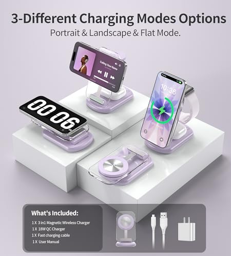 Mukiya 3 in 1 Magnetic Wireless Charging Station for Apple Devices - color: Purple
