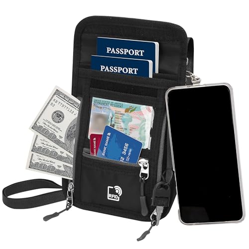 Passport Holder for Travel with Phone Clip, RFID Blocking Neck Wallet, Secure Neck Pouch with Zipper Compartments and ID Window for Men and Women (Black)