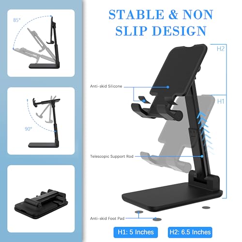 Cell Phone Stand, Adjustable Angle and Height Cell Phone Holder for Desk, Foldable and Portable, Anti-Slip Silicone Pad, Compatible with All Mobile Phones and 4-8 Inch Devices, Black - color: Black