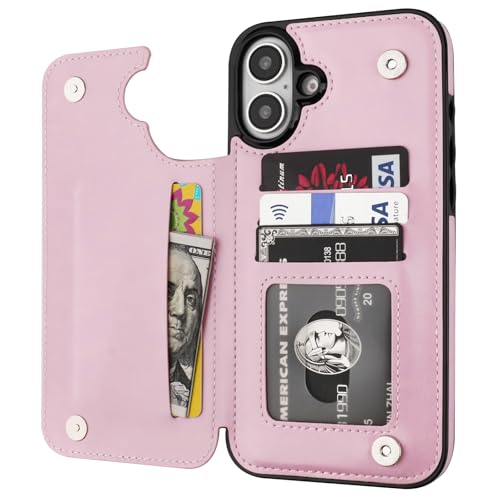 ONETOP for iPhone 16 Wallet Case with Credit Card Holder,Pink | Kickstand,ID/Cash Holder,Case Wallet with Card Slots,Double Magnetic Clasp,Durable PU Leather Shockproof Cover for Women Men - color: Pink