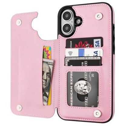 ONETOP for iPhone 16 Wallet Case with Credit Card Holder,Pink | Kickstand,ID/Cash Holder,Case Wallet with Card Slots,Double Magnetic Clasp,Durable PU Leather Shockproof Cover for Women Men - color: Pink