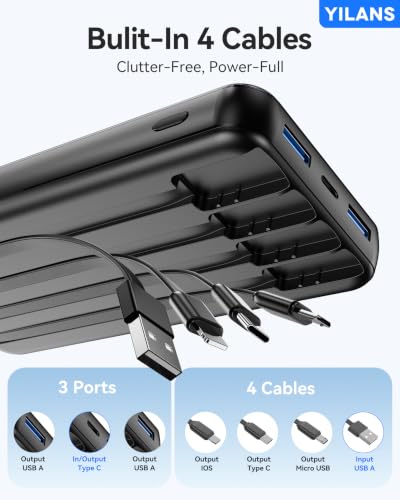 YILANS Portable Charger 50000mAh, 22.5W Power Bank with Built-in 4 Cables - color: Black