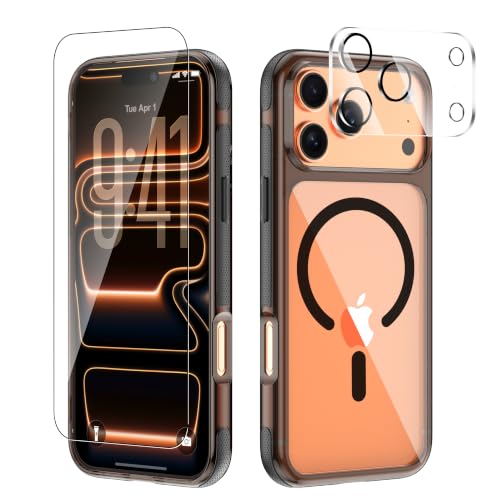 3 in 1 for iPhone 17 Pro Max Case, N52 Magnetic Compatible with MagSafe, Non-Slip Matte Smoky Black Bumper Clear Back, Anti-Scratch Slim Kit with Screen Protector & Camera Lens Cover - color: Frosted Edge Black, size: iPhone 17 Pro Max