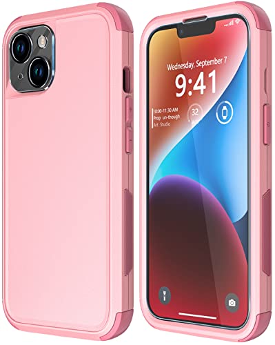 Diverbox for iPhone 14 Case [Shockproof] [Dropproof] [Tempered Glass Screen + Camera Lens Protector],Heavy Duty Protection Phone Case Cover for Apple iPhone 14 (Pink) - color: PINK-3in1