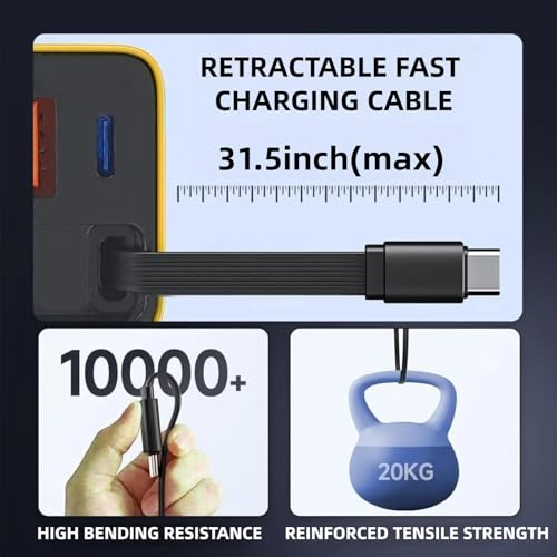 3 in 1 GaN Charger,80w Fast Charger Adapter with Type-C Cable & 2 USB Ports,Multi-Functional Retractable All in one Charger for Phone,Tablets,laptops (Yellow)