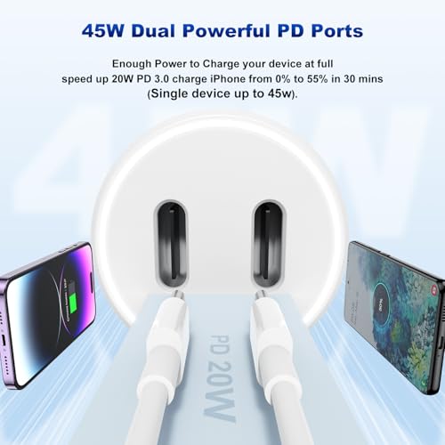 45W USB C Car Charger, 2-Port Charging Cigarette Lighte - color: White, size: 6FT