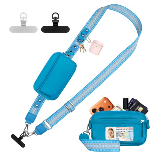 YFWE Clip and Go Phone Strap with Crossbody Wallet, Adjustable Phone Lanyard with Detachable RFID Wristlet Wallet, Anti-Theft Leather Purse with ID Window for Travel Essentials (Blue) - color: Blue