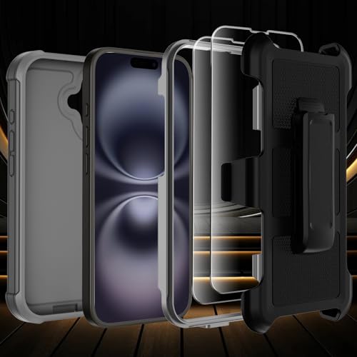 Wedall for iPhone 16 Plus Case with Belt Clip Holster,Anti-Drop Shockproof Bumper Phone Cases with 2X Screen Protectors & Kickstand,Rugged Heavy Duty Military Grade Protective Defender Cover (Gray) - color: Gray