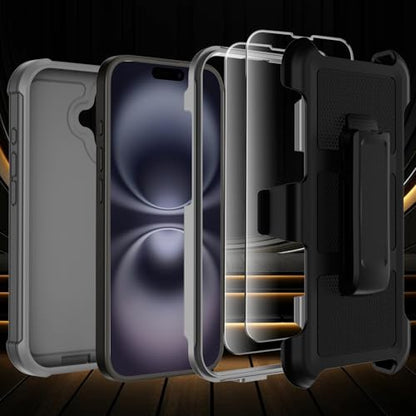 Wedall for iPhone 16 Plus Case with Belt Clip Holster,Anti-Drop Shockproof Bumper Phone Cases with 2X Screen Protectors & Kickstand,Rugged Heavy Duty Military Grade Protective Defender Cover (Gray) - color: Gray