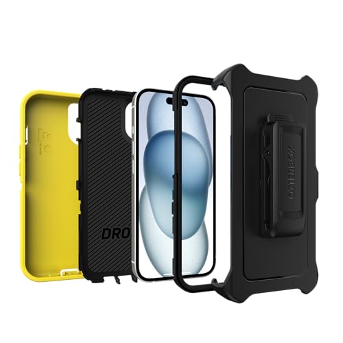 OtterBox iPhone 15, iPhone 14, & iPhone 13 (Only) Defender Series Screenless Case - Night Reverse (Yellow & Black) - Rugged & Durable, with Port Protection, Holster Clip Includes, Non-Retail Packaging - color: Night Reverse (Yellow & Black), style: Non-Ma
