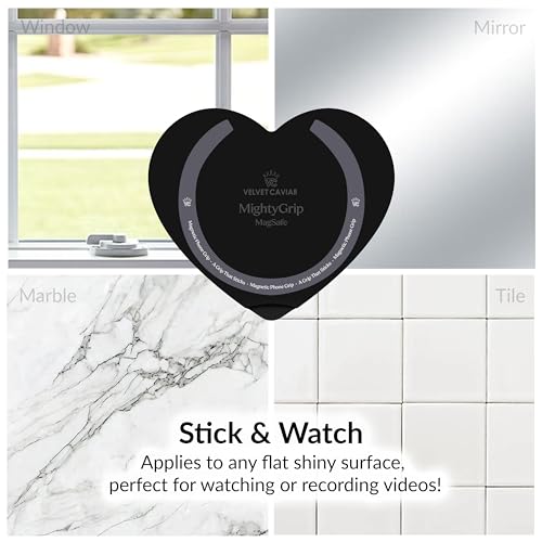 Velvet Caviar Suction Cup Phone Case Mount Compatible with MagSafe Devices Only - Magnetic Silicone Sticky Phone Grip Holder for iPhone Back of Phone - Mirror Gripper (Black Heart) - color: Black Heart
