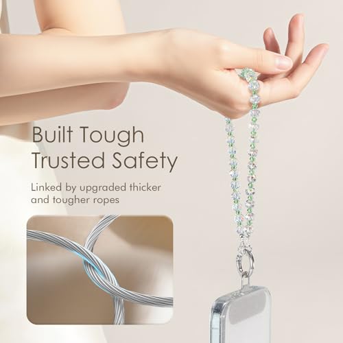 SURPHY Phone Charm, Handmade Beaded Phone Wrist Strap with Tether Tab - color: D- Crystals Green