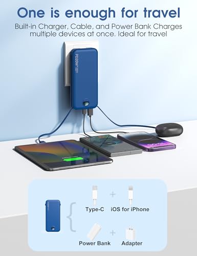 citicr Portable Charger 10000mAh PD20W w/Built-in Cables & Wall Plug Navy - color: Navy