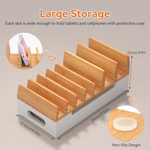 Bamboo Charging Station with 5 Port Charger HUB & 5 Cables-Natural + White - color: Natural + White
