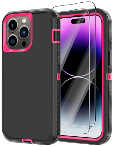 for iPhone 14 Pro Max Case with 2 Screen Protector,Heavy Duty Shockproof Drop Protection Rugged 3-Layer Military Tough Durable Protective Cover for Apple iPhone 14 Pro Max6.7 (Black/Rose) - color: Black/Rose