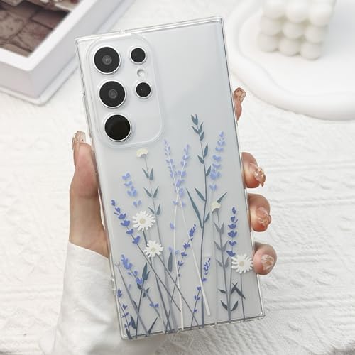 for Samsung Galaxy S23 Ultra Case, Floral Flowers Cute Aesthetic Clear Lavender Pattern Case for Women Girls,Transparent Slim Soft Shockproof Cover for S23 Ultra,Purple Lavender - color: Purple Lavender, size: for Samsung Galaxy S23 Ultra