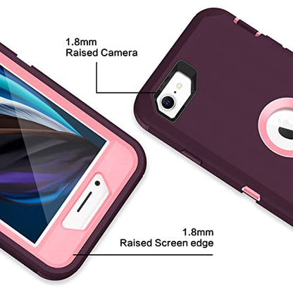 MXX Case Designed for iPhone SE Case 2020 /SE 2022 Heavy Duty Protective with Screen Protector [3 Layers] Rugged Rubber Protection Cover & Rotating 360 Degree Belt Clip SE 3rd/2nd Gen(Plum/Light Pink) - color: Plum/Light Pink