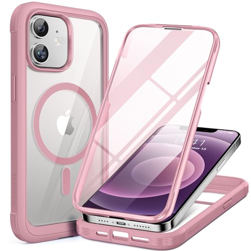 Miracase Glass Series Designed for iPhone 12/12 Pro 6.1 Inch, Upgrade Full-Body Magnetic Case with Built-in 9H Tempered Glass Screen Protector, with Camera Lens Protector, Magnetic Pink - color: Magnetic Pink, size: iPhone 12/12Pro