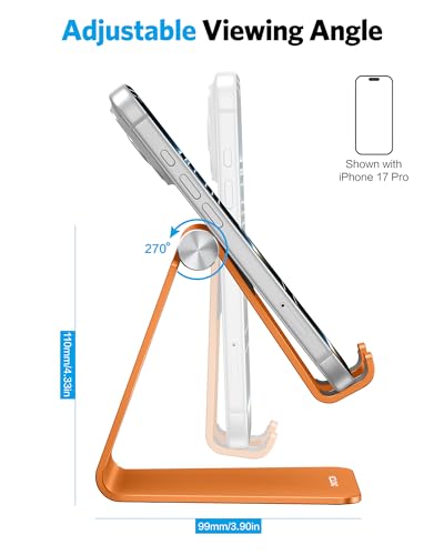 OMOTON Adjustable Cell Phone Stand, Aluminum Desktop Cellphone Stand with Anti-Slip Base and Convenient Charging Port, Fits All Smart Phones, Orange - color: Orange