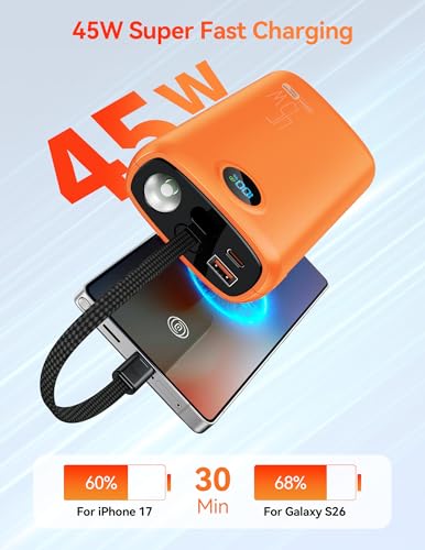 DIAMUAR Portable Charger 20000mAh 45W, Built in USB C Cable, 3W Flashlight - color: Orange