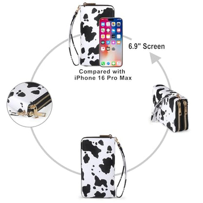 RFID Wallet for Women with Cellphone Pocket - Double Zipper Wristlet Purse Large Capacity, 17 Card Slots, Coin Pocket, ID Window, Cow Print - color: Cow