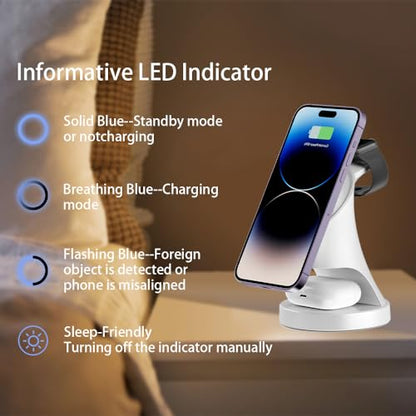 Wireless Charger,3 in 1 Magnetic Wireless Charger Stand, Fast Wireless Charging Dock for iPhone17/16/15/14/13/12 Series, Apple Watch Series, AirPods Pro. - color: White