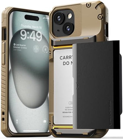 VRS DESIGN Damda Glide Pro Phone Case Designed for [iPhone 15], Sturdy Semi Auto Wallet [4 Cards] Card Holder Case Compatible with iPhone 15 Case (2023) Logo Khaki - color: Khaki, size: iPhone 15