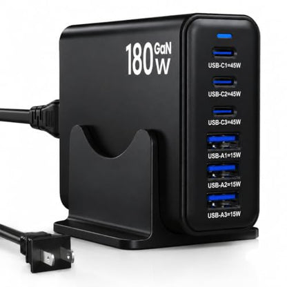 180W GaN Multi Charger Station, USB Charger Block, Desktop Charging Station - color: Black-180