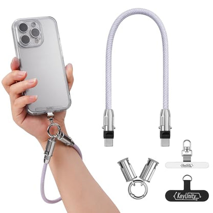 KeyUnity Phone Lanyard with USB C Charging Cable 2 in 1 Braided Strap Wrist and Crossbody Lanyard Universal Phone Strap - color: Lilac, size: 18cm