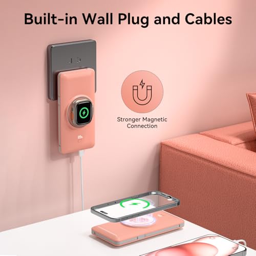 Magnetic 10000mAh Portable Charger for iWatch & iPhone, PD Fast Charging Wireless Power Bank Built-in Cables and Wall Plug, External Travel Battery Pack Compatible with iOS Android Phones - color: Pink