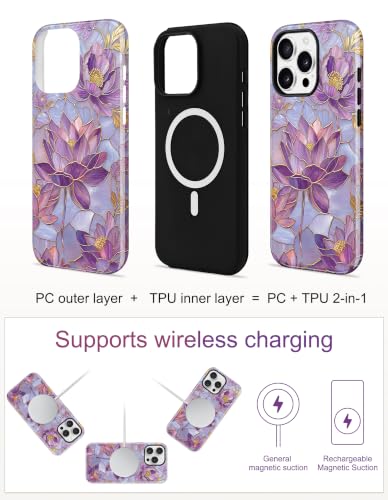 Magnetic Flower Phone Case for iPhone 15 Pro, Purple | Compatible with MagSafe, Cute Stained Glass Lotus Floral Aesthetic, TPU and PC Protective Phone Cover for Women Girls - color: Purple