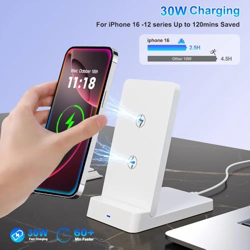 15W Double Coil Wireless Charger Foldable Phone Holder Stand for iPhone 17 16 15 14 13 12 Pro Max Samsung Xiaomi Fast Charging Station (White) - color: White