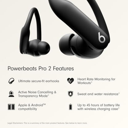 Beats Powerbeats Pro 2 - Wireless Noise Cancelling Workout Earbuds with Secure- Fit Earhooks, Up to 45-Hour Battery with Charging Case, Sweat & Water Resistant, Heart Rate Monitoring - Jet Black - color: Jet Black, style: Powerbeats Pro 2
