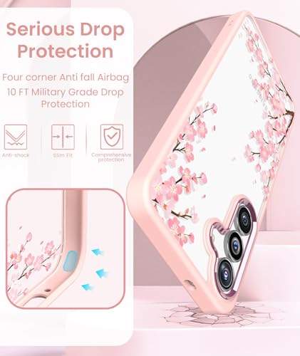 Crystal Clear Flower Pattern Case for Samsung Galaxy S26 FE-Pink | Girl Women Slim Soft TPU + Hard PC Military Grade Protective Phone Cover WithTempered Glass Screen Protector for S26 FE - color: S26 FE-Pink