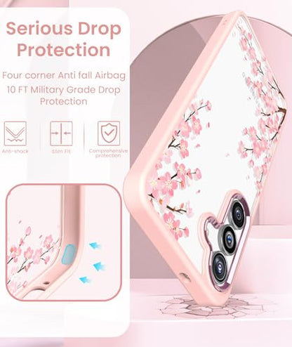 Crystal Clear Flower Pattern Case for Samsung Galaxy S26 FE-Pink | Girl Women Slim Soft TPU + Hard PC Military Grade Protective Phone Cover WithTempered Glass Screen Protector for S26 FE - color: S26 FE-Pink