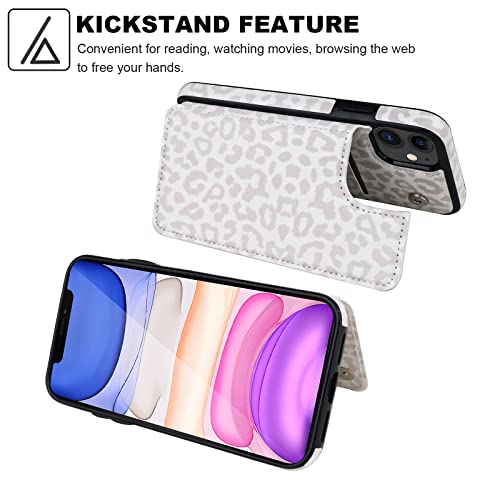 HAOPINSH for iPhone 11 Wallet Case with Card Holder, White Leopard Cheetah Pattern Back Flip Folio PU Leather Kickstand Card Slots Case for Women Girls, Double Magnetic Clasp Shockproof Cover 6.1" - color: White Leopard
