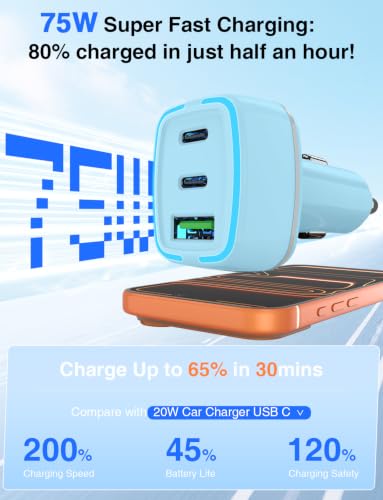 75W USB C Car Charger, 3-Port Super Fast Charging Cigarette Lighte - color: Blue
