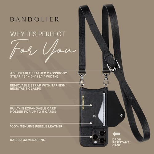 Bandolier Hailey Leather Crossbody Phone Case iPhone 15 Pro - Black/Pwt | Crossbody leather phone case. Built-in wallet w/ snap-closure. Adjustable & removable leather strap. Phone drop protection. - color: Black/Pewter, size: iPhone 15 Pro