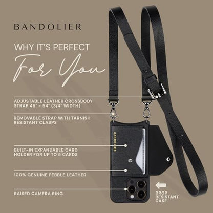 Bandolier Hailey Leather Crossbody Phone Case iPhone 15 Pro - Black/Pwt | Crossbody leather phone case. Built-in wallet w/ snap-closure. Adjustable & removable leather strap. Phone drop protection. - color: Black/Pewter, size: iPhone 15 Pro