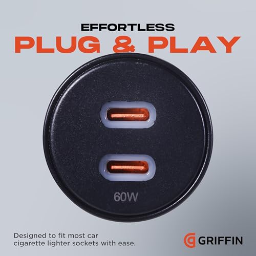 Griffin Dual Port Car Charger 60W, USB-C Car Adapter with 2 x 30W USB-C PD, Compact Multi-Port with Indicator Light
