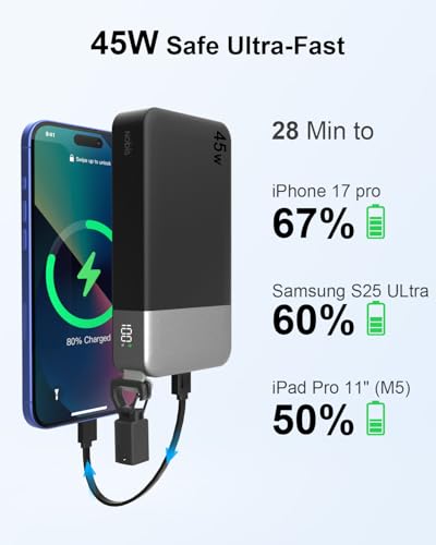 NOBIS Portable Charger 20000mAh 45W Power Bank with Detachable C-Cable - color: Black