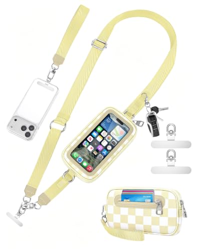 SHANSHUI Clip and Go Phone Strap Wallet: crossbody lanyard with detachable wristlet, zipper pocket, ID window, 2 metal tether pads. Compatible with iPhone & most smartphones. Beige White Checkered - color: Beige White Checkered