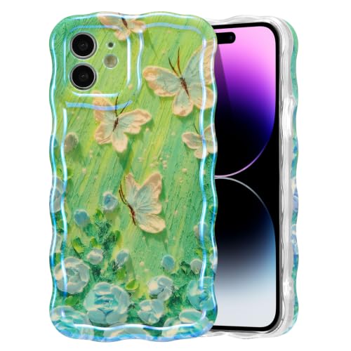 EYZUTAK Case for iPhone 11, Colorful Oil Painting Flower, Butterfly Green | Laser Glossy Floral Pattern, Cute Curly Wave Edge, Exquisite Phone Cover, Stylish Durable TPU Protective Case for Girl Women - color: Butterfly Green, size: iPhone 11