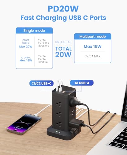 12AC 3USB Power Strip Tower Surge Protector 1800J, 8ft, Black, 1 - color: Black, size: 8ft