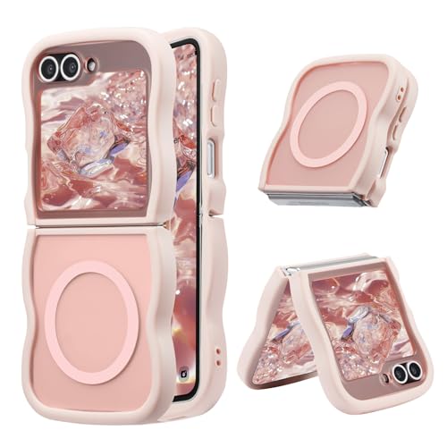 UEEBAI Magnetic for Samsung Galaxy Z Flip 5/Z Flip 6/7 FE Case, Compatible with MagSafe, Transparent Clear Wave Frame Design Soft Edge Cover Matte Shockproof Phone Case- Pink - color: Pink, size: Samsung Z Flip 7 FE/Z Flip 6/Z Flip 5 5G