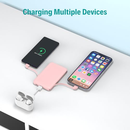 Sethruki Smallest Portable Charger with Built-in Cables 5000mAh,Ultra Slim Power Bank,Mini High Speed External Battery Packs,Lightweight USB C Phone Charger for iPhone Samsung Google Android (Pink) - color: pink