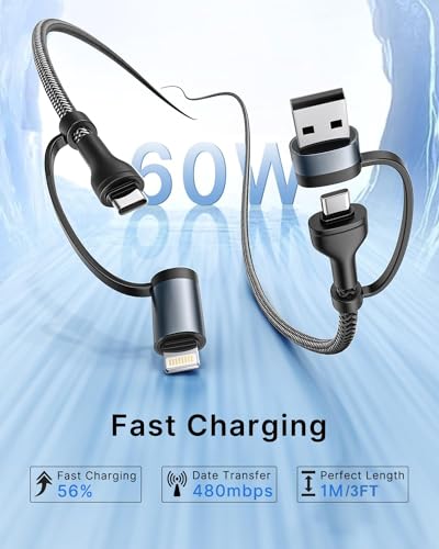 4 in 1 Charging Cable, USB C Lightning Adapter USB C to USB C 60W PD [Fast Charging & Data Sync] 4 in 1 Multi Charger for iPhone 16 15 14 13 12,MacBook Pro 2023 iPad mini 6/Pro,Samsung Galaxy S22 S21 - color: Black, size: 3FT