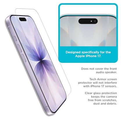 Tech Armor Screen Protector for iPhone 17, Ballistic Tempered Glass, 3-Pack